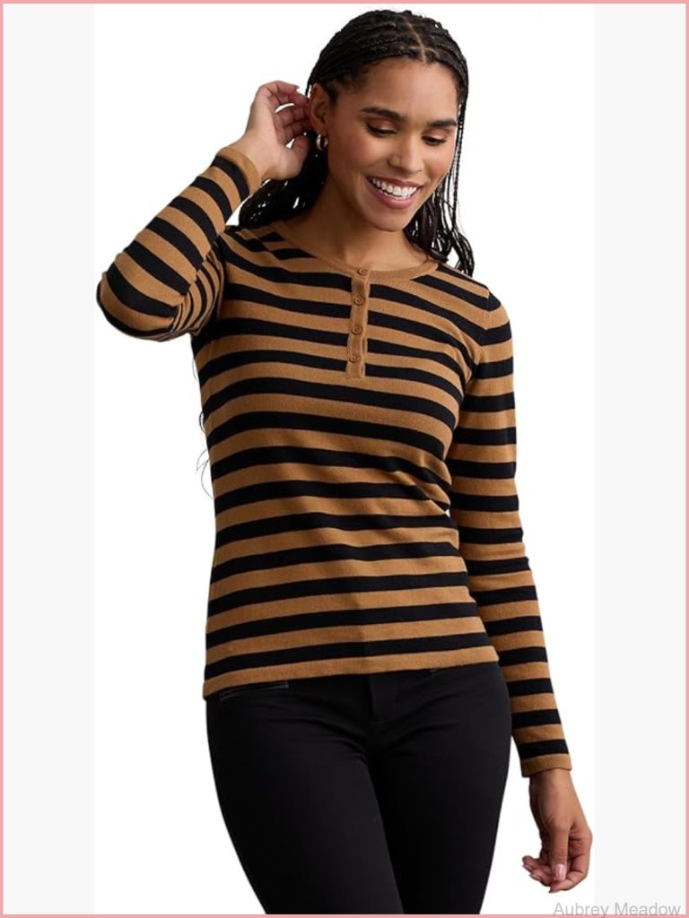 Organic Cotton Long Sleeve Striped Henley Sweater Pullover